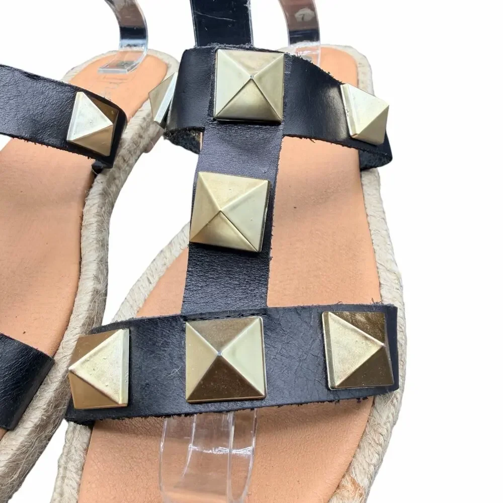 Maypol Studded Leather Espadrille Sandals Black Gold EU 38 US 7.5